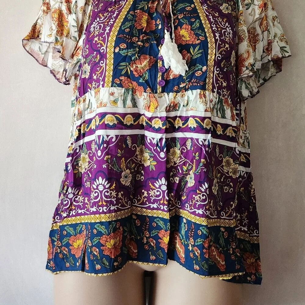 Kaywide blouse sz XXL boho paisley purple yellow EUC - Picture 2 of 3